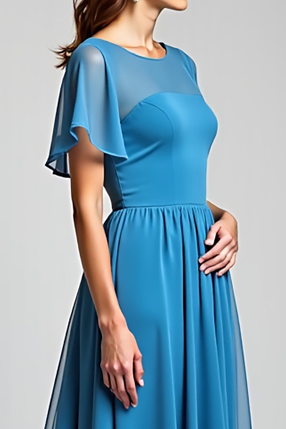 Blue Long Chiffon Mother of the Bride Dress with Short Sleeves